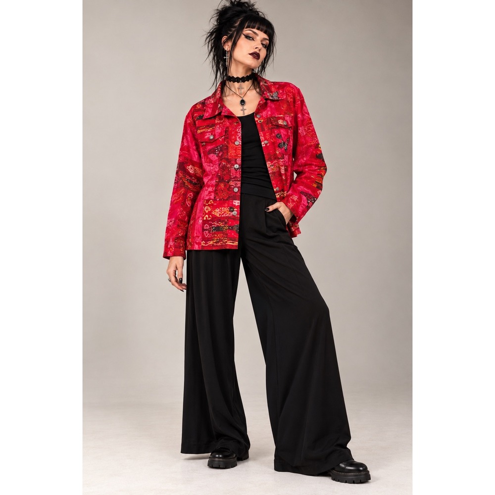 Chico's 3 Red Silk Patchwork Jacket Abstract Floral Button Front